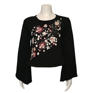 Chelsea & Violet Top Black Painted Floral Long Bell Sleeve Light Sweater sz S